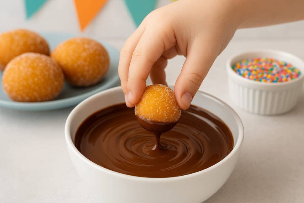 dipping keto donut hole in chocolate