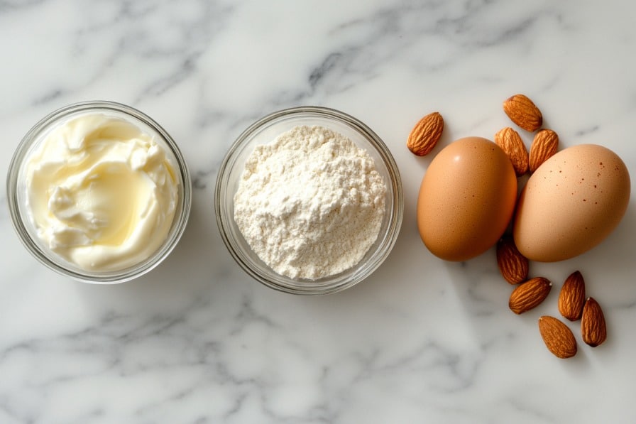 3 ingredients for keto air fryer donut holes on marble