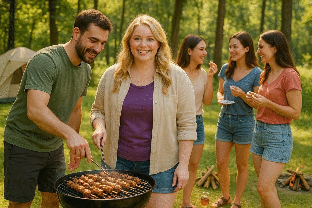 Riley grilling with friends at a forest BBQ