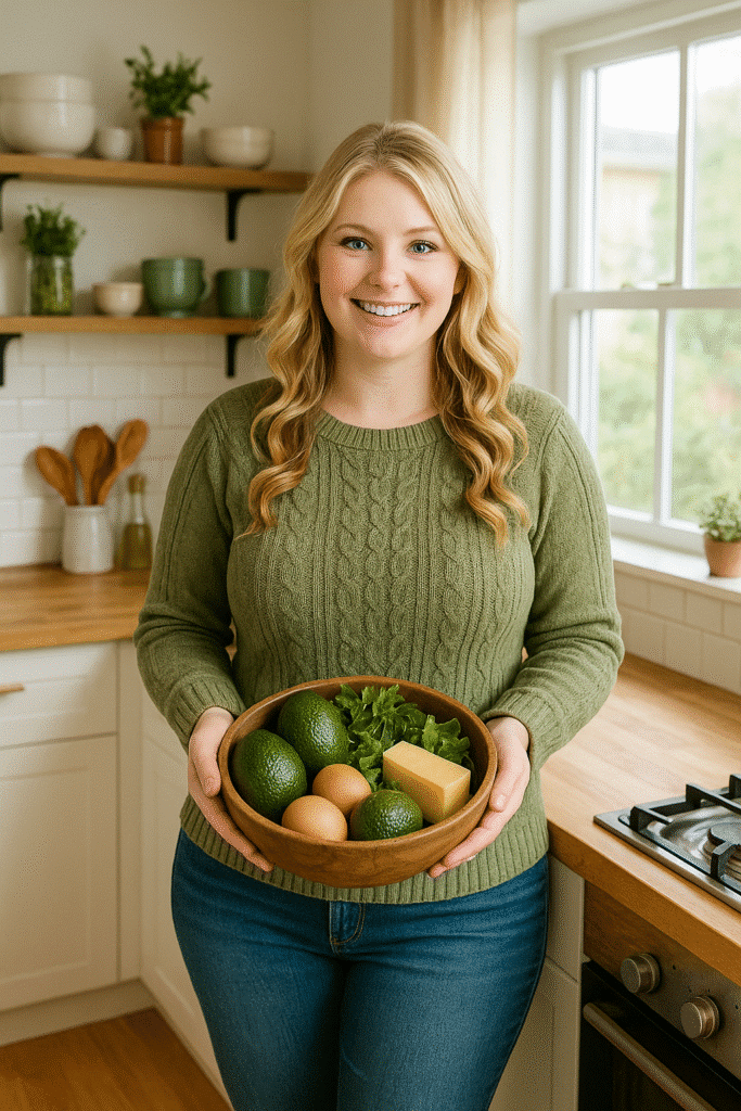 Riley smiling in her kitchen holding a bowl of keto ingredients